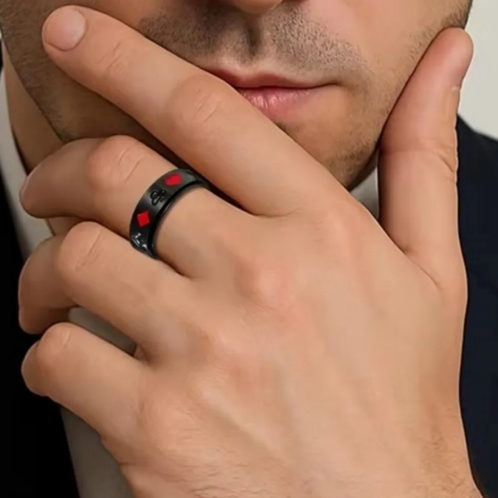 Black and Red Stainless  steel Poker Fridget Spinner Ring Sz 11